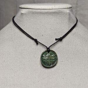 Green Ceramic Dragonfly Pendant Handmade Faux Wax Seal Boho Choker Necklace